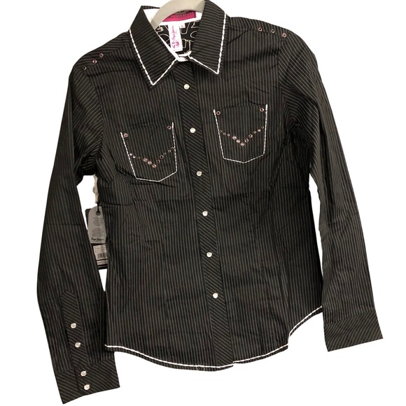 Pepe Jeans London Tops - Vtg Pepe Jeans London Y2K Pinstripe Western Shirt Rhinestone Embellished Size L